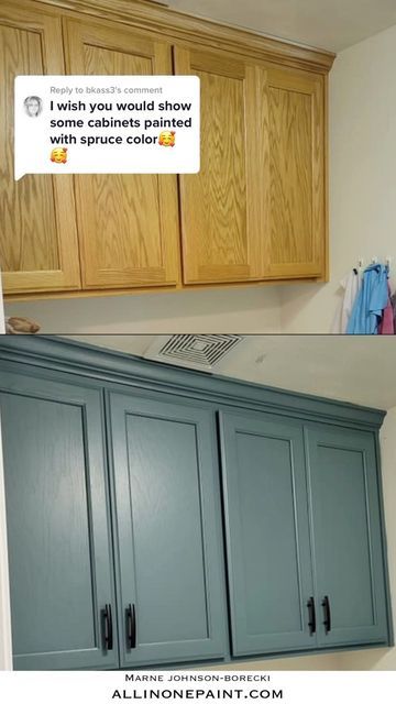 ALL-IN-ONE Paint by Heirloom Traditions on Instagram: "Replying to @bkass3 our #allinonepaint #paintcolor SPRUCE is a gorgeous cabinet color. Is it blue or is it green ? Or is it perfectly both. 😍😍😍 great for laundry rooms or bathroom vanities where you might take a little more of a color risk ! #heirloomtraditionspaint #laundryroommakeover #cabinetpainting #paintcolors #womenwhodiy #weekendwarrior #diyer" Greenish Blue Cabinets, Blue Green Bathroom Vanity, Greenish Blue Kitchen Cabinets, Blue Green Paint Colors Kitchen, Blue Green Cabinets Kitchen, Best Blue Green Cabinet Paint Colors, Blue Green Cabinets, Best Blue Green Paint Colors Behr, Blue Green Kitchen Cabinets