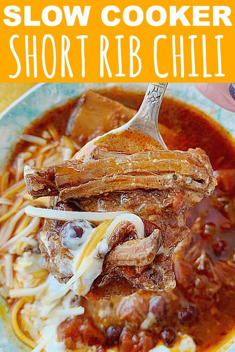 Slow Cooker Short Rib Chili | Foodtastic Mom #chilirecipes #chilirecipescrockpot #shortribsrecipe Short Ribs Chili Recipe, Short Rib Chili, Ohio Food, Beef Back Ribs, Short Ribs Slow Cooker, Slow Cooker Ribs, Chili Recipe Crockpot, Short Ribs Recipe, Short Rib