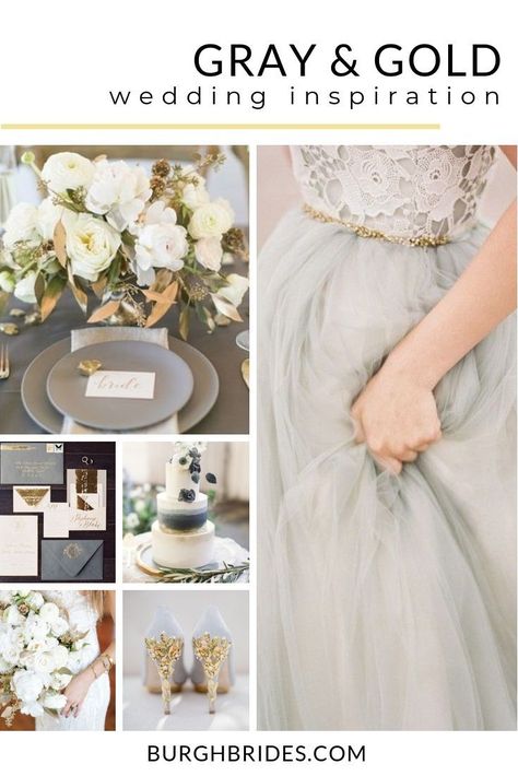 Modern Gray and Gold Wedding Inspiration. For more wedding color ideas, visit burghbrides.com! #weddingcolorpalette #weddingcolorinspiration #grayandgoldwedding #etheralweddinginspiration #weddingcolorscheme Gray And Gold Wedding Theme, Gray Gold Wedding, Gray And Gold Wedding, Wedding Styles Themes, Grey Wedding Theme, Gray Wedding Colors, Wedding Color Ideas, Gold Wedding Colors, Colour Trend