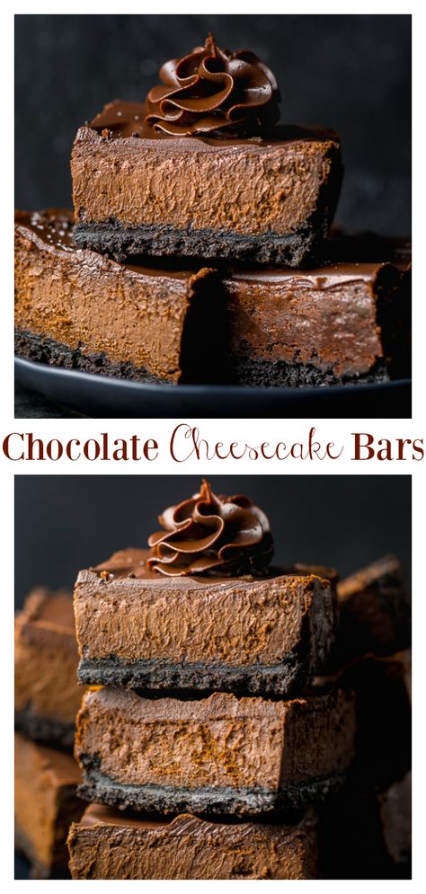 Homemade Chocolate Cheesecake, Dessert Recipe Chocolate, Cheesecake Bars Chocolate, Chocolate Cheesecake Bars 9x13, Ready Made Cheesecake Filling Recipes, Chocolate Truffle Cheesecake, Chocolate Amaretto Cheesecake, No Bake Triple Chocolate Cheesecake Bars, Bakers Chocolate Recipes