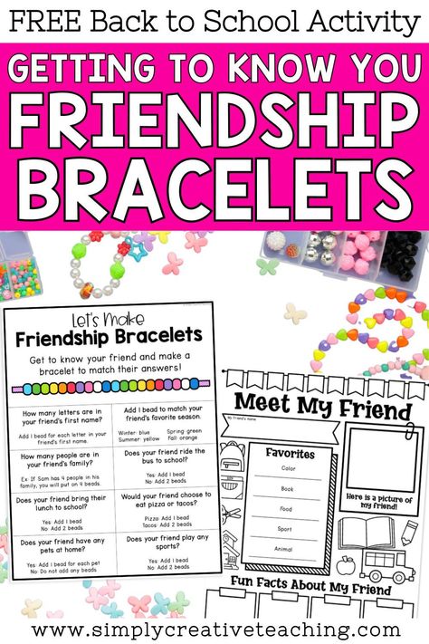 Looking to foster relationships among your students during back to school? This blog post is filled with fun Getting to Know You activities for kids! From icebreakers to games, get creative ideas to promote friendship and community in the classroom. Perfect for kindergarten, first grade, or 2nd grade, these activities encourage communication through making friendship bracelets. Explore these free back to school activities for exciting ways to build connections. One On One Get To Know You Activities, 2nd Grade Getting To Know You Activities, Student Get To Know You Activity, Best Buddies Club Activities, Back To School Friendship Activities, Getting To Know Your Students Activities Elementary, First Day Of Summer School Activities, Get To Know You Crafts For Kids, Friendship Club Activities