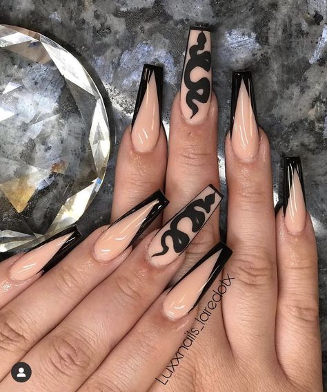 Black And Nude Nails, Black Acrylic Nail Designs, Black Acrylic Nails, Edgy Nails, Fall Acrylic Nails, Long Acrylic, Ballerina Nails, Acrylic Nails Coffin Short, Summer Acrylic Nails