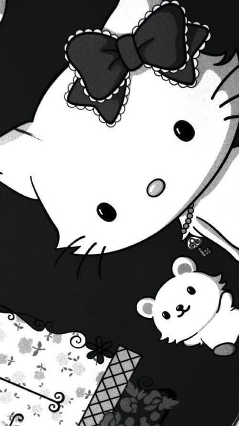 Black And White Sanrio Poster, Hello Kitty Black And White Aesthetic, Black And White Sanrio Wallpaper, Black And White Hello Kitty Wallpaper, Black Sanrio Wallpaper, Black And White Wallpaper Cute, Y2k Black And White Wallpaper, Charmy Kitty Wallpaper, Charmmy Kitty Wallpapers