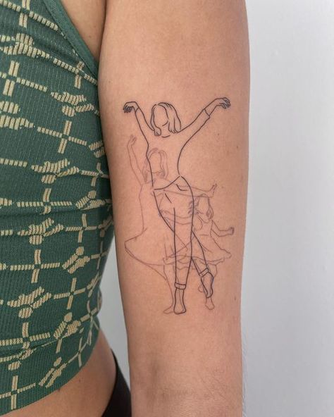 Self Transformation Tattoo, Colorguard Tattoos, People Outline Tattoo, Woman Dancing Tattoo, Growing Up Tattoo, Pole Dancer Tattoo, Dancer Tattoo Ideas, Dance Tattoo Ideas, Dance Tattoos