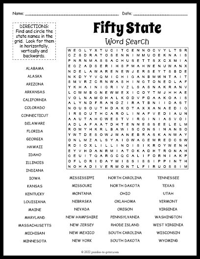 United States Word Search: This fifty state puzzle search will keep you and/or your students busily searching for quite a while. Ready to print and enjoy.