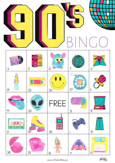 50 90's Bingo Cards Classroom Game, Bingo Game, 90's Party Game, Work Office Game Games for adults Game night 90's Birthday Games Activities 90s Theme Party Decorations, 90s Party Ideas, Decades Party, 90s Games, Game Bingo, Free Bingo Cards, Bingo Party, 90s Theme Party, Adult Party Themes