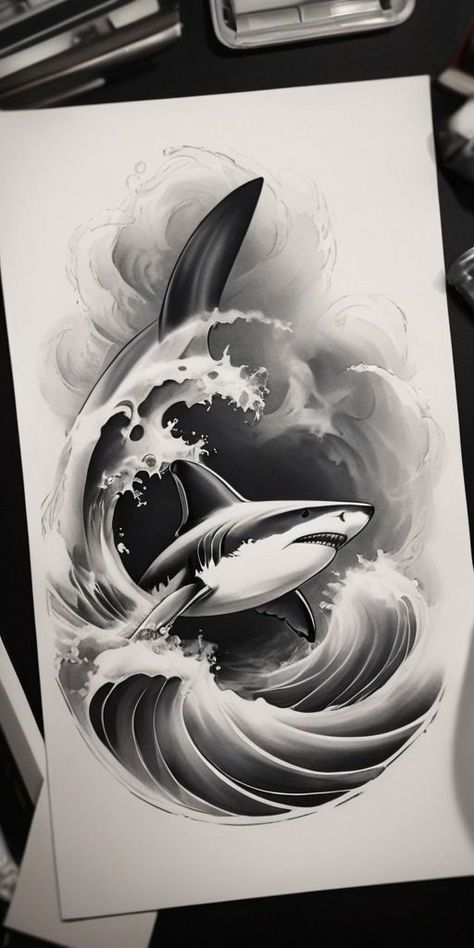 Shark Tattoo Design, Tattoo Japanese Style, Chest Ideas, Basic Tattoos, Shark Design, Shark Tattoo, Ocean Tattoos, Scorpion Tattoo, Getting A Tattoo