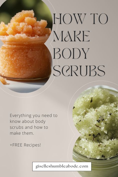 Discover the ultimate guide to body scrubs! In this blog post, we dive into the benefits of body scrubs, all the types of ingredients, and how to make them. With exfoliating with natural ingredients like sugar, salt, and essential oils, learn how to create simple yet luxurious DIY body scrubs that nourish your skin, improve texture, and leave you feeling refreshed. Whether you're a skincare enthusiast or new to DIY beauty, this guide gets you in-the-know and has tips for making your own scrubs at home. Perfect for personal pampering or thoughtful gifts! At the end, there's a FREE downloadable guide with resources and recipes to try on your own! Exfoliating Body Scrub Diy, Homemade Exfoliating Scrub, Diy Body Scrubs, Natural Skin Exfoliator, Body Scrub Homemade Recipes, Salt Scrub Diy, Scrub Recipe Diy, Salt Scrub Recipe, Best Body Scrub