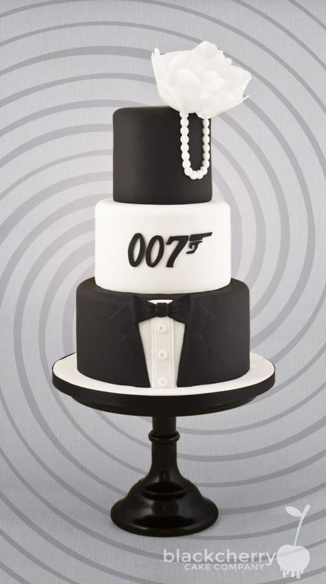 James Bond Cake, James Bond Wedding, Bond Wedding, Black And White Cake, James Bond Party, White Cakes, Cherry Cake, Black And White Wedding, Cakes For Men