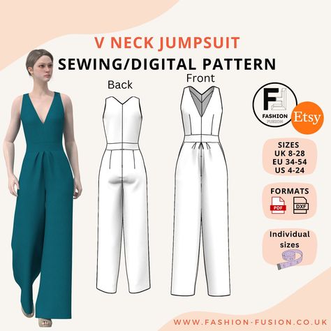 V-Neck Wide-Leg Jumpsuit Sewing Pattern - Women's Plus Size (UK 8-28 / EU 34-54 / US 4-24) - Instant Download PDF & DXF Files with Sizing & Sewing Instructions Stylish Sewing Patterns, Jumpsuit Sewing Pattern, Jumpsuit Sewing, Jumpsuit Pattern Sewing, Trendy Jumpsuit, Halter Neck Jumpsuit, Stylish Jumpsuit, Jumpsuit Pattern, Womens Sewing Patterns