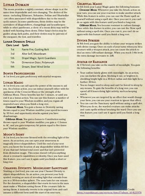 Parliament Homebrew Twitterissä: "A little deviation from the usual Monster Hunter content, but here's some homebrew subclasses for D&D! First up, the Lunar Domain for Clerics. #cleric #homebrew #dnd #dnd5e https://t.co/8boIbHg37I" / Twitter Moon Domain Cleric, Dnd Cleric Domain, Cleric Subclasses 5e, Cleric Homebrew, Twilight Cleric Dnd, Homebrew Classes 5e, D&d Cleric, Cleric Domains, Dnd Design