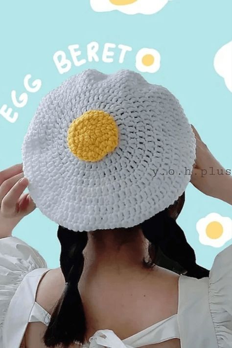 Egg Beret Crochet, Egg Crochet Hat, Crochet Egg Hat, Quick Crochet Gifts To Make, Crochet Blueberry Hat, Flower Crochet Bucket Hat, Cute Quick Crochet Patterns, Free Quick Crochet Patterns, Beret Crochet Pattern Free