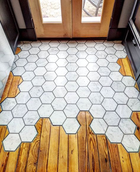 Foyer Tile Ideas Entryway Hexagon, Hexagon Tile And Wood Floor, Honey Comb Tile Floor, Wood Floor Entryway, Tile And Wood Floor, Foyer Tile Ideas, Hexagon Flooring, White Hexagon Tiles, Entryway Tile