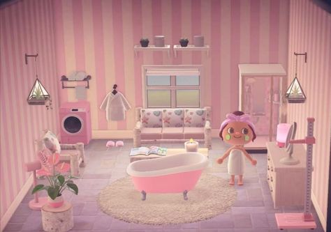 Animal Crossing Pink Bathroom, Acnh Bathroom Ideas Pink, Acnh Living Rooms Ideas Pink, Acnh Pink Bathroom, Bathroom Animal Crossing, Barbie Acnh, Cute Pink Bathroom, Animal Crossing Bathroom, Animal Crossing Pink