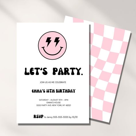 Birthday party invitation for girls with pink and purple balloons, streamers, and a birthday#birthdayfont #happybirthday #fontdesign #celebration #birthdaywishes 13 Party Invitations, Pink Aesthetic Birthday Invitation, Preppy Bday Invitations, 13th Birthday Party Invitations For Girl, Pink Smiley Face Birthday Party Ideas, Birthday Ideas 11 Girl, 13 Birthday Invitation Ideas, 13th Birthday Invitations Girl, Preppy Birthday Party Invitations