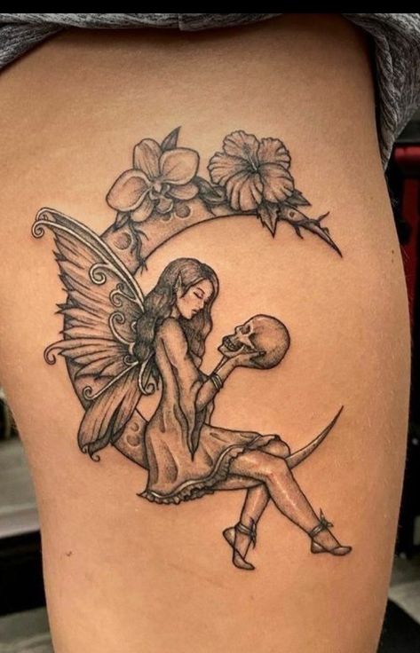 Tattoo Fairies, Aesthetic Tats, Gothic Fairy Tattoo, Ocean Sleeve, Cupid Tattoo, Hippie Tattoo, Fairy Stuff, Hand And Finger Tattoos, Final Countdown