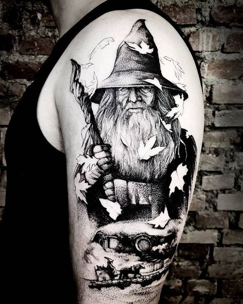 Blackwork / dotwork Gandalf 🧙🏼‍♂️ tattoo by Felipe Kross (@fetattooer). Check out our Instagram channel 🔥 @styng.tattoo 🔥 for your daily dose tattoo designs, tattoo models and inspiration! Gandalf Tattoo, Hobbit Tattoo, Tolkien Tattoo, Wizard Tattoo, Ring Tattoo Designs, Lotr Tattoo, Lord Of The Rings Tattoo, Korean Tattoo Artist, Tattoo Artwork