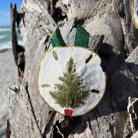 This sand dollar has been decopauged with a Christmas themed napkin, and outlined in gold paint. The hanger for the ornament is green sparkly ribbon. This is reenforced with resin so it us more durable.  They measure from 3 to 4 inches. All sand dollars packaged in an organza bag then placed into a custom bubble bag to keep them protected in transit. I snorkel all my sand dollars from Lido Beach in Sarasota, it is the best thing ever! Sand Dollar Christmas Tree, Painting On Sand Dollars, Sand Dollar Christmas Ornaments, Sand Dollar Crafts, Beach Theme Christmas, Sand Dollar Decor, Sand Dollar Ornaments, Submarine Craft, Idea Quotes