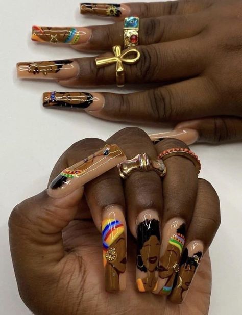 Afro Nail Art, Birthday Nails Black Women, Afro Nails, Africa Nails, Jamaica Nails, Portrait Outfits, Acrylic Nail Designs Classy, Fye Nails, Multicolored Nails