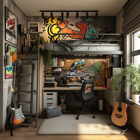 Creative Studio Space: A cozy, well-organized artist's studio with a loft bed, inspiring wall art, and musical instruments. #studio #artist #loft #bed #guitar #wall art #desk #workspace #aiart #aiphoto #stockcake https://ayr.app/l/v1zr Loft Bed Music Studio, A Loft Bed, Desk Workspace, Creative Studio Space, Guitar Wall Art, Earthy Home, Artist Loft, Loft Lighting, Studio Artist