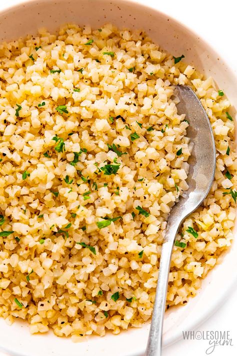 Frozen Cauliflower Rice (Best Way To Make It) - Wholesome Yum Frozen Cauliflower Fried Rice, How To Cook Riced Cauliflower, Cauliflower Rice Seasoning, Crispy Cauliflower Rice, Cauliflower Rice Recipes Easy, Frozen Riced Cauliflower Recipes, Rice Cauliflower Recipes, Frozen Cauliflower Rice Recipes, Riced Cauliflower Recipes