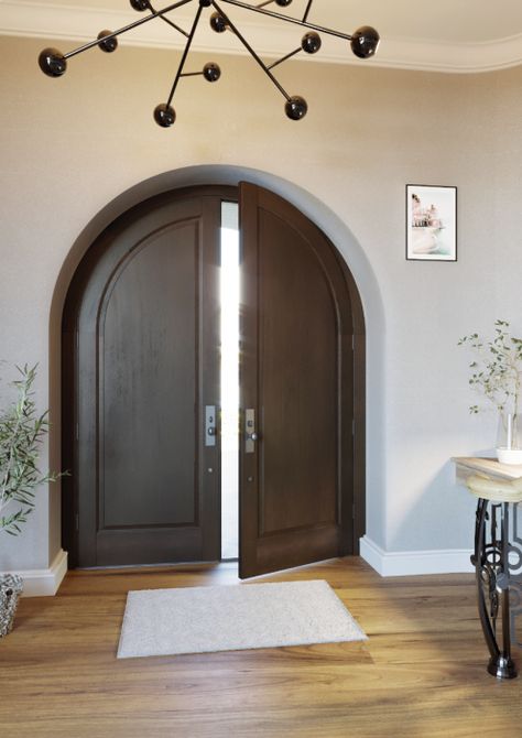 Round Top Full Flat 1 Panel Transitional Home Style Mahogany Exterior or Interior Double Door Round Top Door, Flint House, Interior Double Door, Transitional Home Style, California Cottage, Oasis Springs, Hacienda Homes, Double Doors Interior, Transitional Home