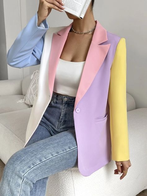 SHEIN Essnce Color Block Single Button Blazer | SHEIN USA Blazers Styles For Women, Blazer Outfits Colorful, Blazer Ideas Women, Blazer Colours, Blazers For Women Outfits, Colourful Blazer, Colorful Blazer Outfits, Blazer Outfits For Women Classy, Colorful Blazers