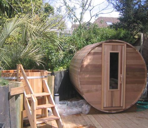 Outdoor Spa And Sauna Area Ideas, Outside Sauna And Hot Tub, Sauna And Hot Tub Outdoor, Backyard Sauna And Hot Tub, Barrel Sauna Landscaping, Blow Up Hot Tub Deck Ideas, Cedar Sauna Outdoor, Outdoor Sauna And Hot Tub, Barrel Hot Tub