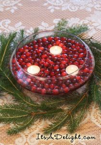 Here's a lovely centerpiece to make and put on your table for Christmas. This is soooooo very easy and sooooo very elegant looking that anyone can make it.   	Simply choose a shallow glass bowl and pour in one bag of fresh cranberries. 	Now add cold water until there floating at the level that looks nice. 	Set 3 tea light candles in (which float also) and light them. 	Add some greens ar ... Cranberry Centerpiece, Flying Candles, Holiday Centerpieces Diy, Diy Floating Candles, Floating Candle Centerpieces, Candle Projects, Festive Centerpieces, Elegant Centerpieces, Holiday Centerpieces