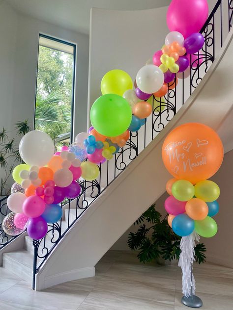 Neon Themed Bachelorette Party, Garland Stairs, Neon Bachelorette Party, Bachelorette Party Balloons, Neon Bachelorette, Balloon Projects, Shot Party, 2025 Graduation, Neon Birthday Party