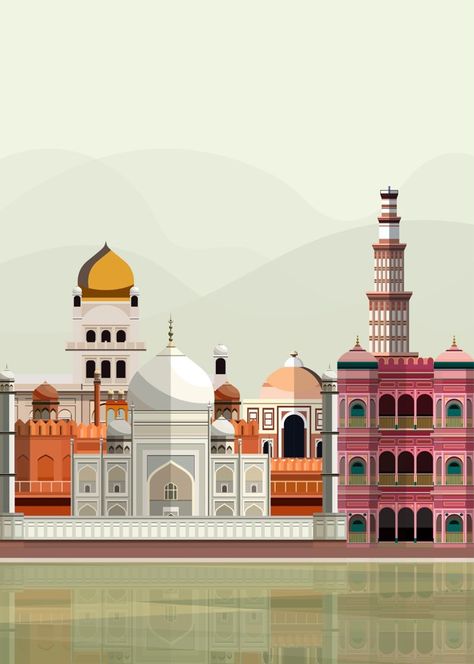 Indian Architecture Illustration, Indian Landmarks, Nikkah Card, Muslim Background, Wedding Card Digital, Indian Illustrations, Cocktail Book Design, Indian Arch, Indian Monuments