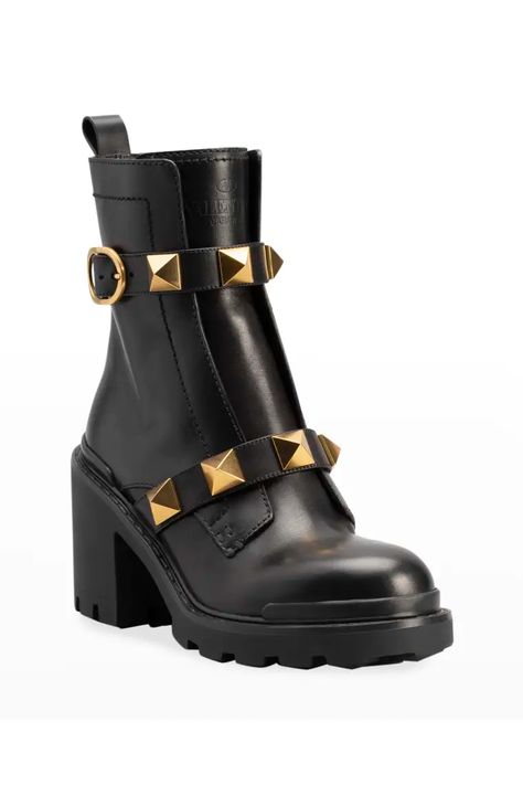 X5DE3 Valentino Garavani Roman Stud Moto Booties Studded Combat Boots, Sock Ankle Boots, Boots On Sale, Valentino Garavani Shoes, Leather Heeled Boots, Studded Boots, Buckled Heels, Combat Boot, Boots For Sale