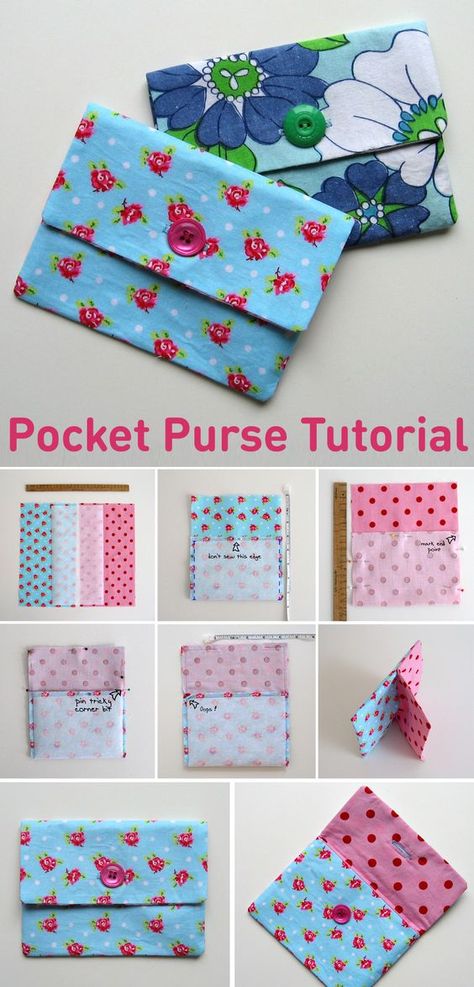 Cute gifts idea! Little button or snap closure pocket purses are endlessly useful. You can tuck a few important things in that you don't want lost at the bottom of a larger bag, use them to store jewellery when travelling, use them for keeping crafty odds and ends tidy, or for any number of other things. Tiny Coin Purse Pattern, Pocket Purses Diy, Button Sewing Projects, Fabric Change Purse Free Pattern, Purse Pouch Pattern, Free Change Purse Pattern, Mini Purse Sewing Pattern, Pattern For Small Purse, Button Pouch Sewing Pattern