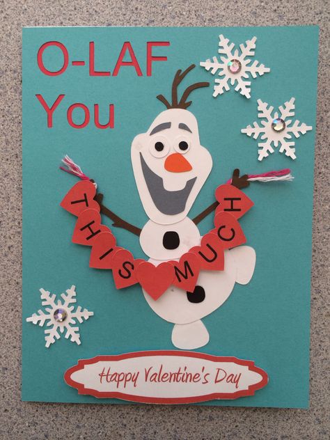 Disney's Olaf (I Love) You this much Valentine's Card.  Cut from Silhouette Cameo Olaf Valentine Door Decoration, Olaf Valentine Bulletin Board, Valtine Cards, Easy Christmas Cards For Kids, Valentines Classroom Decorations, Cards For Kids To Make, Christmas Cards For Kids, Easy Christmas Cards, Olaf From Frozen