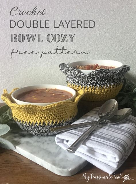 Bowl Cozies Free Pattern Crochet, Crochet Cozy Bowl Pattern, Crochet Bowl Cozies Free Pattern, Free Crochet Bowl Cozy Pattern, Crochet Bowl Cozies, Bowl Cozy Crochet Pattern Free, Bowl Cozy Pattern Free Crochet, Crochet Soup Bowl Cozy Free Pattern, Easy Bowl Cozy Pattern Free