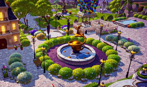 Dreamland Ideas, Disney Island, Valley Game, Plaza Design, Sims Freeplay Houses, Valley Landscape, Fountain Design, Valley Village, Animal Crossing Villagers