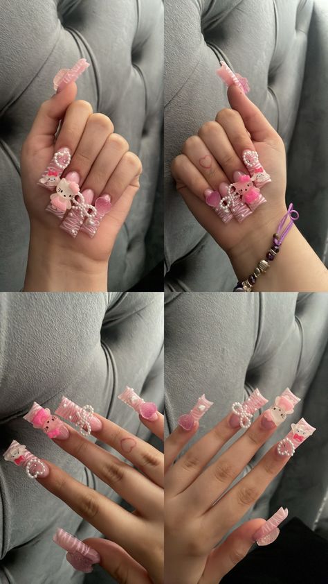 Kawaii Acrylic Nails Hello Kitty, Duck Nails Acrylic Valentines, Pink Hello Kitty Duck Nails, Duck Nails Acrylic Hello Kitty, Duck Nails Junk Nail, Cardi B Duck Nails, Charm Duck Nails, Slight Duck Nails, Kawaii Duck Nails