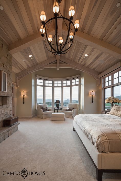 Master Bedrooms With Door To Outside, Country Style Master Room, Modern Rustic Luxury Bedroom, Big Master Bedrooms Ideas, Suburban Home Exterior Dream Houses, Barndominiums That Look Like Houses, Esthetic House Decor, Lake House Interior Bedroom, Fireplaces In Master Bedrooms