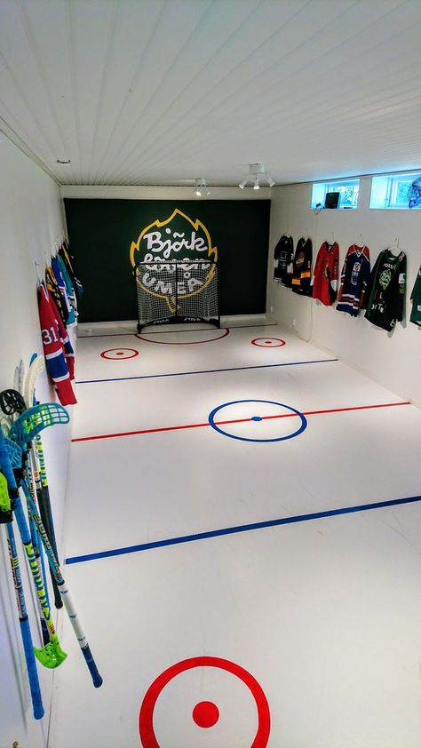 Unfinished Basement Storage, Hockey Room Decor, Backyard Rink, Hockey Bedroom, Hockey Room, Boys Hockey, Basement Playroom, Man Cave Basement, Basement Storage