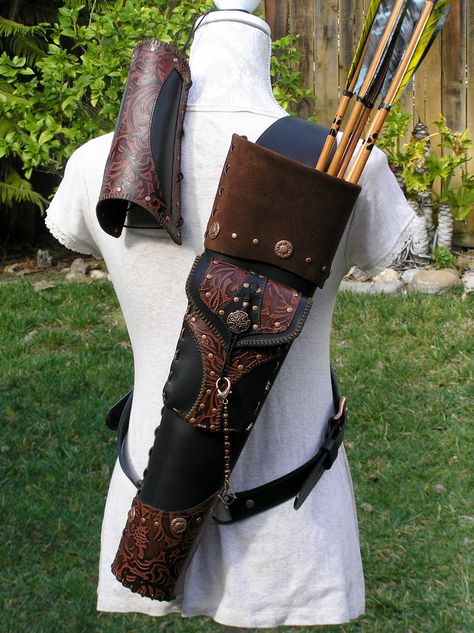 Artemis Archeress Quiver & Armguard Set by Mystic Quivers~ Burgundy Floral embossed leather on Black Leather with Copper Hardware. Quiver Concept Art, Quiver Of Arrows, Horse Archery, Archery Quiver, Leather Quiver, Arrow Quiver, Moms Photography, Archery Set, Copper Hardware