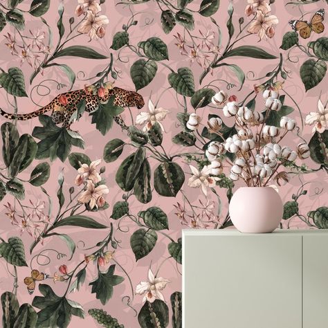 Pink Jungle Wallpaper, Monkey Plant, Printed Flowers, Peel And Stick Wall Mural, Color Wallpaper, Jungle Wallpaper, Dark Flowers, Plant Wallpaper, Botanical Wallpaper