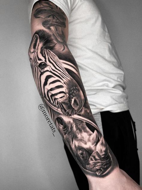 Zebra Tattoo, Zebra Tattoos, Rhino Tattoo, Africa Tattoos, Safari Theme, Arm Tattoos For Guys, Wild Animals, Arm Tattoo, New Tattoos