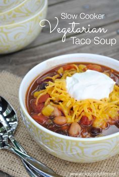 Slow Cooker Vegetarian Taco Soup Recipe - www.classyclutter.net Taco Vegetarian, Vegetarian Taco Soup Recipe, Vegetarian Taco Soup, Taco Soup Recipe Crockpot, Vegetarian Taco, Vegetarian Crockpot Recipes, Quick Vegetarian Meals, Taco Soup Recipe, Vegetarian Tacos