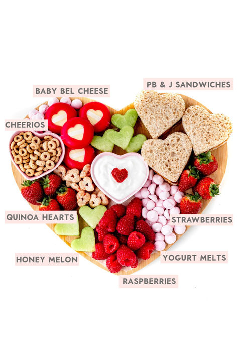 Kids Valentine’s Day Charcuterie Board, Heart Shaped Food For Kids, Valentine Veggies For Kids, Fruit Valentines Ideas For Kids, Toddler Galentines Day, Heart Shaped Cheese Board, Healthy Valentines Day Snacks, Valentines Day Snack Board, Kids Valentines Breakfast