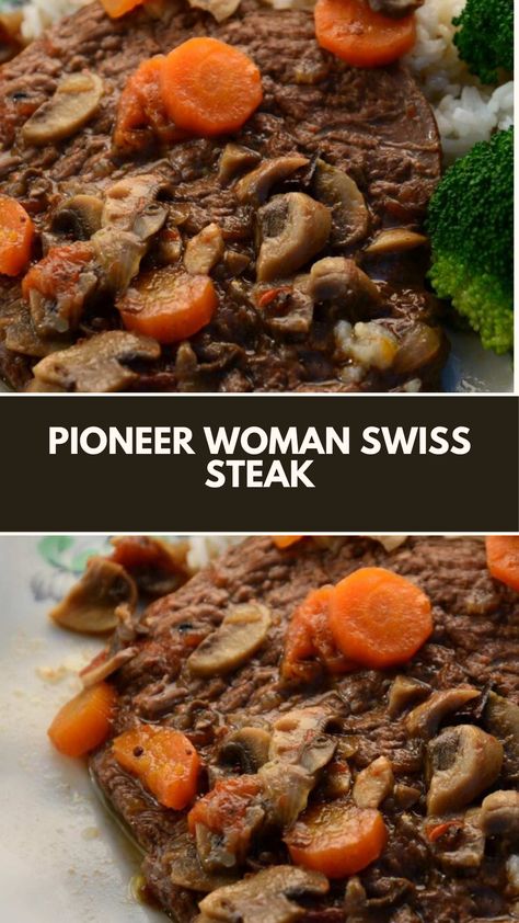 Pioneer Woman Swiss Steak recipe is made with cubed steak, flour, olive oil, onion, bell pepper, Worcestershire sauce, diced tomatoes, tomato paste, brown sugar, and various spices. Total time: 5 hours. Servings: 6. Swiss Steak Recipe, Pioneer Kitchen, Swiss Steak Recipes, Pepper Steak Recipe, Cubed Steak, Chicken Broccoli Rice Casserole, Cube Steak Recipes, Swiss Steak, Broccoli Rice Casserole