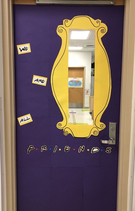 F•R•I•E•N•D•S classroom door idea #friends #tv #classroomdecor #classroomideas #classroomtheme Friends Bulletin Board Tv Show, Friends Classroom Door Ideas, Friends Theme Classroom Decoration, Friends Themed Classroom Ideas, Classroom Door Design Ideas, Friends Themed Classroom Door, Friendship Door Decorations Classroom, Friends Tv Show Classroom Theme, Door Themes For Classroom