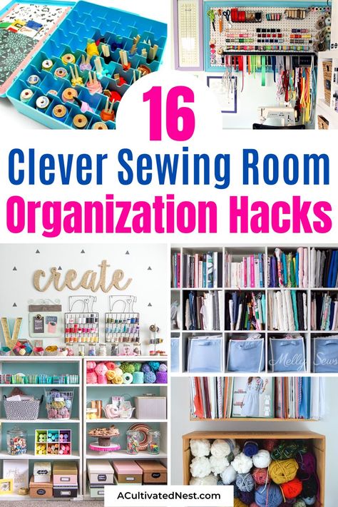 16 Clever Sewing Room Organization Hacks- Say goodbye to clutter and hello to creativity! Discover genius sewing room organization hacks to tidy up your space and make every project a breeze. | #craftOrganization #organizingTips #organization #sewing #ACultivatedNest Organize Sewing Room Small Spaces, Machine Embroidery Room Organization, Sewing Organization Ideas Small Spaces, Sewing Craft Room Ideas, Sewing Room Hacks, Sewing Room Storage Ideas, Sewing Room Organization Diy, Sewing Notions Storage, Small Sewing Space