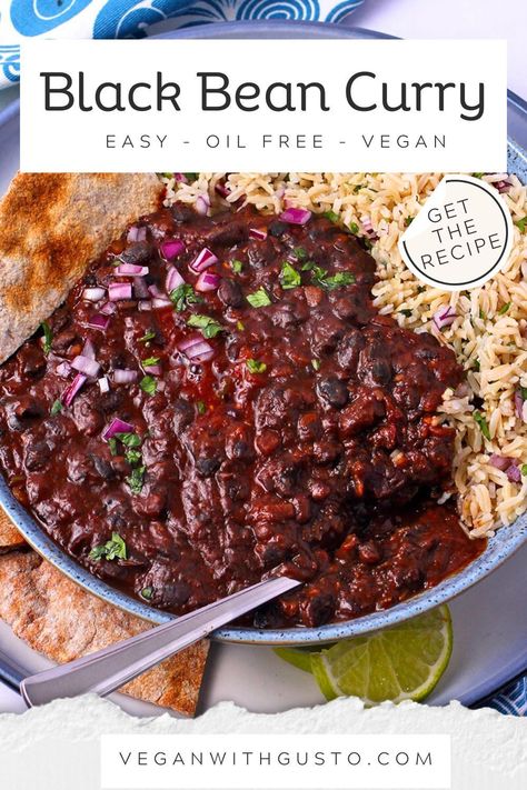 Creamy vegan black bean curry transforms dry black beans, Indian spices, tomatoes, and aromatics with no added oil or coconut milk into a luscious plant-based dinner you can make in the Instant Pot or on the stovetop. Try my quick canned beans option and never miss out on delicious curry! If you’re ready to make a delicious plant-based curry, get this recipe. Black Bean Curry, Dry Black Beans, Bean Curry, Vegan Curry Recipes, Vegan Indian Recipes, Dried Black Beans, Vegetable Stock Cubes, Beans Curry, Vegan Black Bean