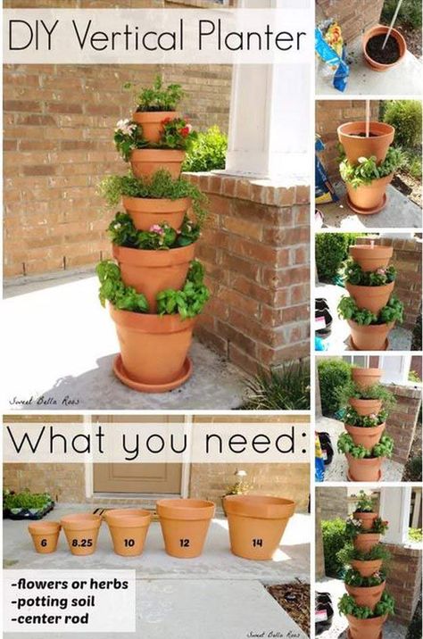 Vertical Claypot Tower Fun Garden Projects, Vertical Container Gardening, Small Urban Garden, Lights Diy, Vertical Garden Design, Flower Tower, Vertical Herb Garden, Vertical Garden Diy, Vertical Planter