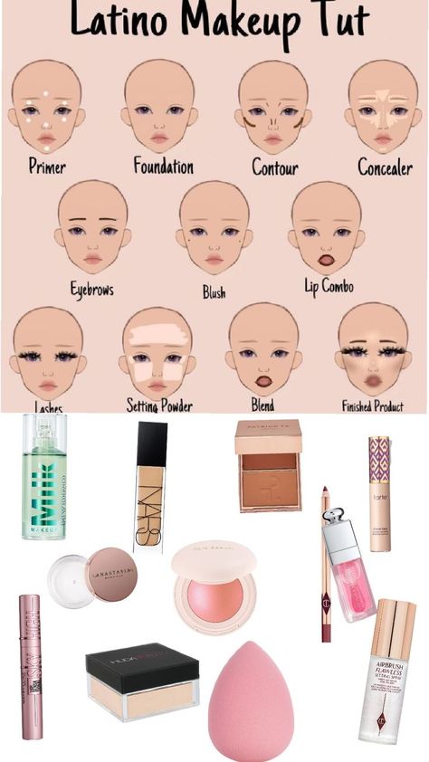 latina makeup étape Make Up Inspo Aesthetic Latina, Copy Paste Makeup Tutorial, 5 Below Makeup, How To Do Latina Makeup Step By Step, Latina Makeup Routine, Makeup Inspo Latina, Natural Latina Makeup Look, How To Make Contour, How To Do Pretty Makeup